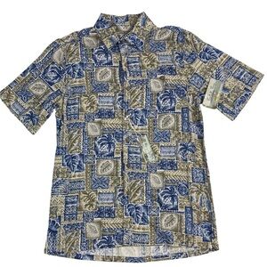 NWOT Batik Bay Men's Hawaiian Shirt XL Blue Tan Tropical Summer Y2K